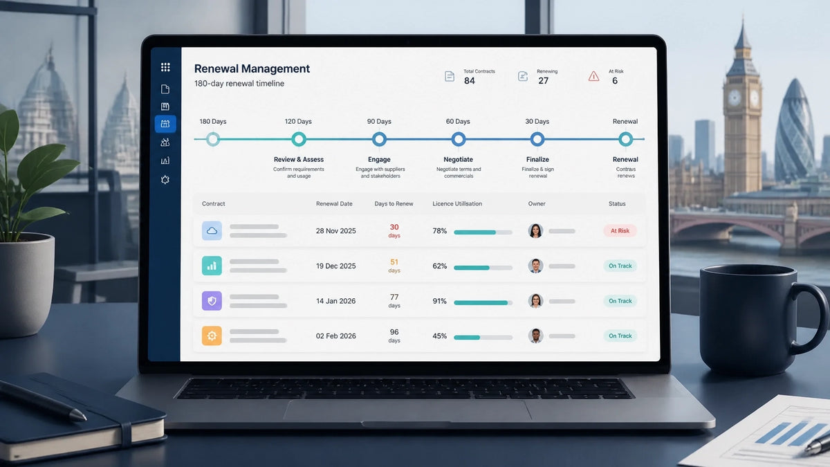 Software renewal dashboard showing a 180-day ITAM timeline, licence utilisation and contract milestones