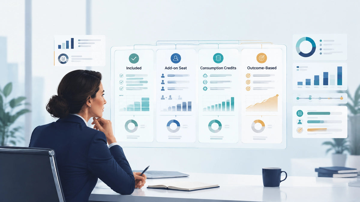 Procurement manager reviewing enterprise AI pricing models across included features, add-on seats, consumption credits and ou